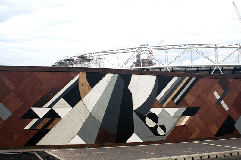 Wooden mosaic at the Queen Elizabeth Olympic Park by Mark McClure