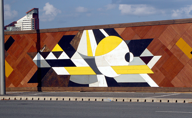Wooden mosaic at the Queen Elizabeth Olympic Park by Mark McClure