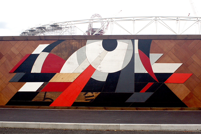 Wooden mosaic at the Queen Elizabeth Olympic Park by Mark McClure