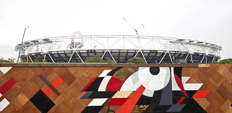 Wooden mosaic at the Queen Elizabeth Olympic Park by Mark McClure