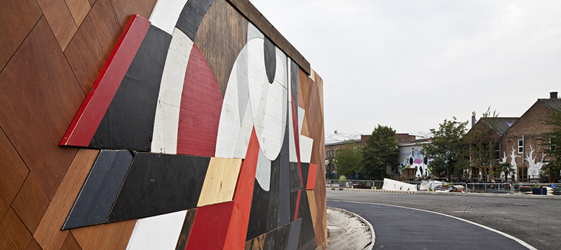 Wooden mosaic at the Queen Elizabeth Olympic Park by Mark McClure