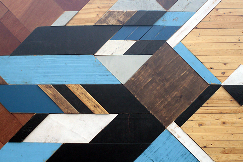 Wooden mosaic at the Queen Elizabeth Olympic Park by Mark McClure