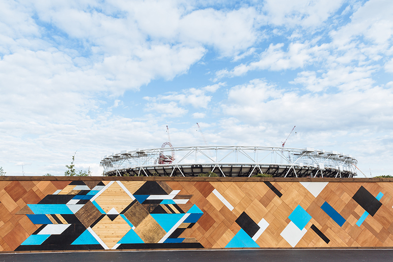 Wooden mosaic at the Queen Elizabeth Olympic Park by Mark McClure