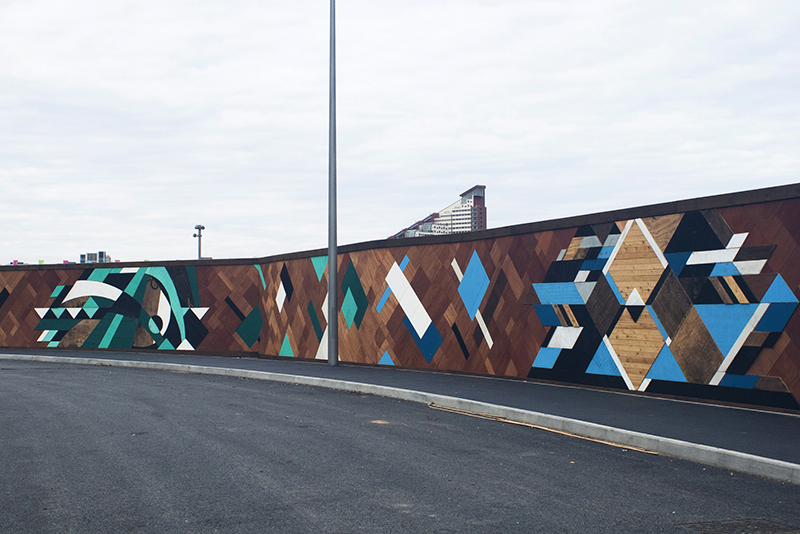 Wooden mosaic at the Queen Elizabeth Olympic Park by Mark McClure