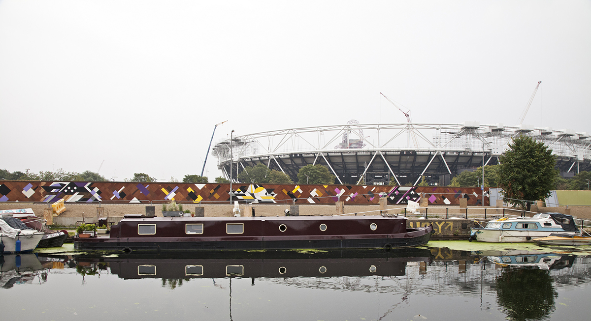 Wooden mosaic at the Queen Elizabeth Olympic Park by Mark McClure