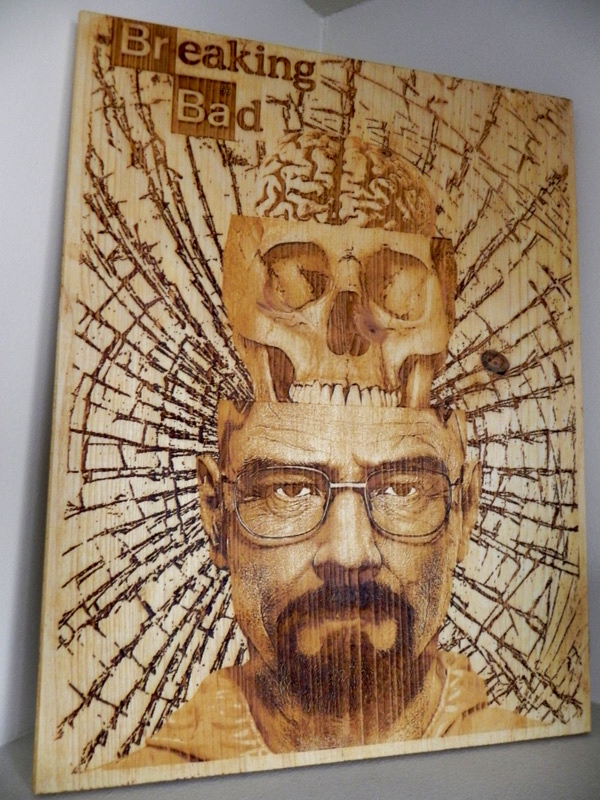 “Breaking Bad” by Diego Scaglia Rat, laser engraved on pine wood, 11,8” x 15,7 “