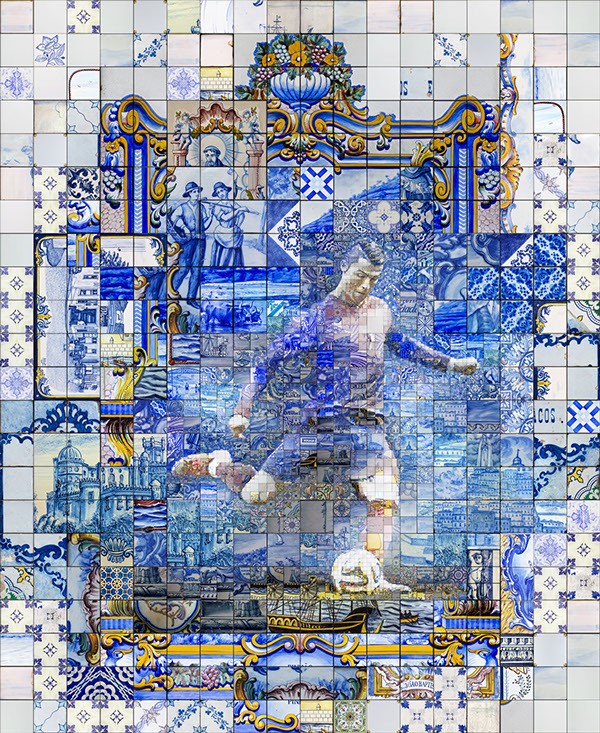 This is the seventh of a series of mosaic illustrations based on the great tradition of Azulejos. This 5 centuries old form of tile painting art is a typical part of Portugues (Spanish and Latin) tradition. I am experiment with these treasures for long time. This is one of the first artworks based on the studies. A portrait of Cristiano Ronaldo, probably the biggest popular hero of contemporary Portugal and one of my favorite athletes. This guys is not just an incredible soccer player. He's is much more than this. He's an artist, a show man, a working class hero, a role model, a hard working entrepreneur...