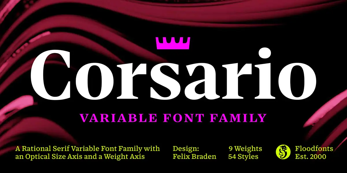 Corsario Variable typeface by Felix Braden featuring bold serif lettering in neon green against a black and pink background