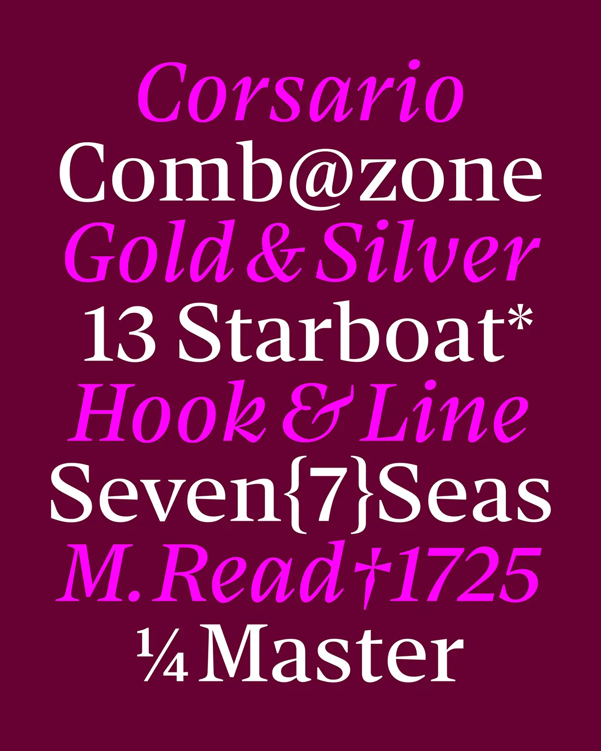 Corsario typeface specimen showcasing elegant upright and italic serif letterforms in pink and white