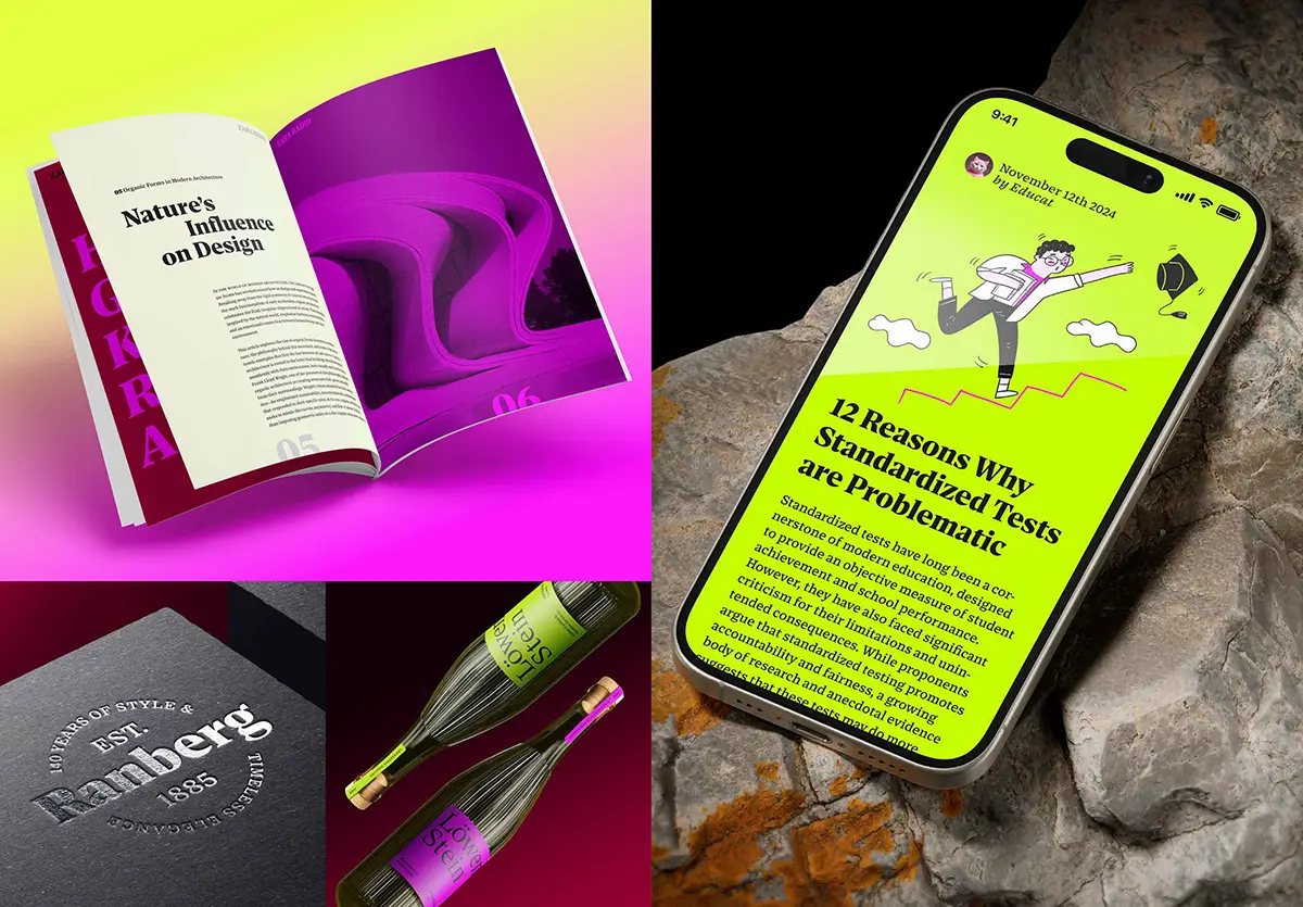 Corsario typeface used in editorial magazine layouts and mobile web design applications