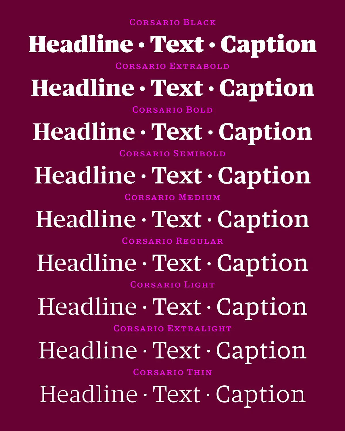 Corsario font family showing different weights and italic styles across headline, text and caption sizes