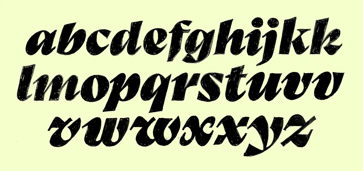 Hand-drawn lowercase lettering sketches exploring the design of the Corsario serif typeface