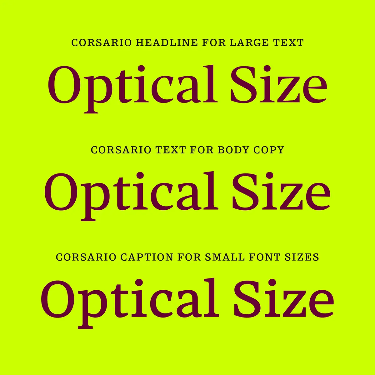 Corsario Variable font specimen demonstrating optical size variations in serif typography