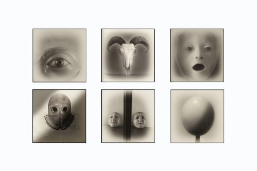Six surreal monochrome photographs from Armageddon by Augusto De Luca, featuring faces, symbolic objects and dreamlike imagery.