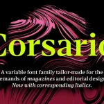 Corsario Variable typeface by Felix Braden featuring bold serif lettering in neon green against a black and pink background
