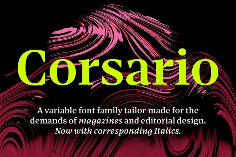 Corsario Variable typeface by Felix Braden featuring bold serif lettering in neon green against a black and pink background