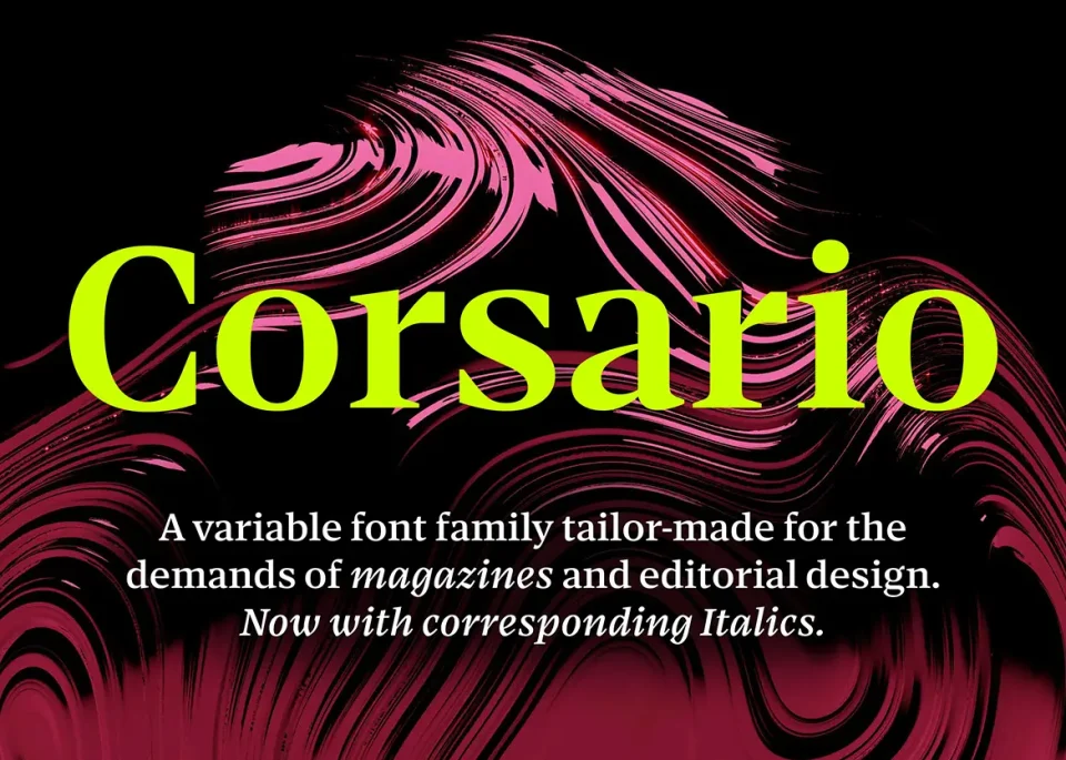 Corsario Variable typeface by Felix Braden featuring bold serif lettering in neon green against a black and pink background