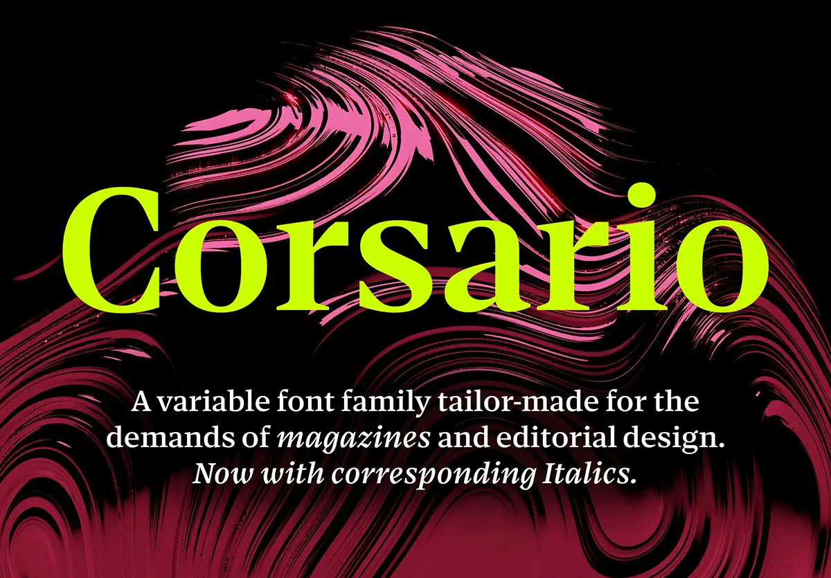 Corsario Variable typeface by Felix Braden featuring bold serif lettering in neon green against a black and pink background