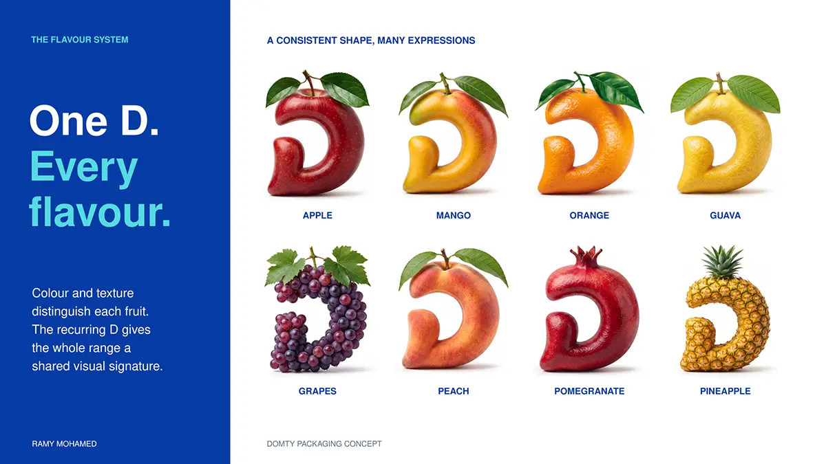 DOMTY advertising campaign displaying eight fruit-inspired variations of the letter D