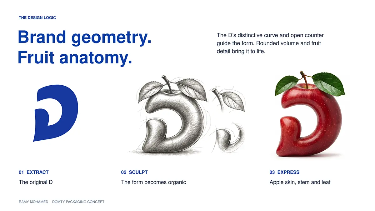 DOMTY advertising concept showing the transformation of the brand's letter D into a fruit-inspired sculptural form