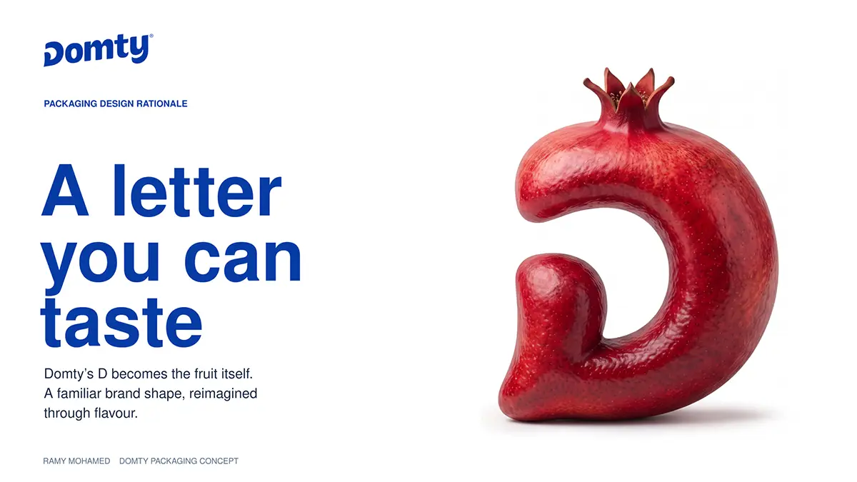 D for DOMTY advertising concept featuring a sculptural pomegranate-shaped letter D and the slogan A letter you can taste