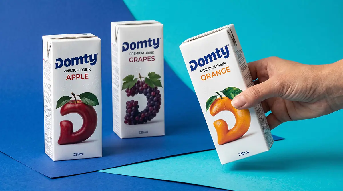 Hand holding a DOMTY orange juice carton alongside apple and grape packaging in a colourful product composition