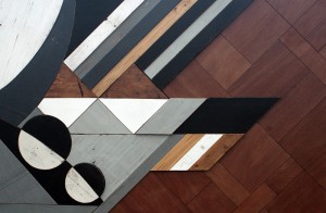 Wooden mosaic at the Queen Elizabeth Olympic Park by Mark McClure
