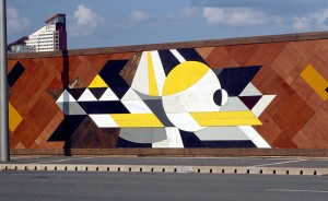 Wooden mosaic at the Queen Elizabeth Olympic Park by Mark McClure