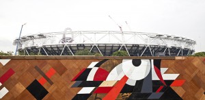 Wooden mosaic at the Queen Elizabeth Olympic Park by Mark McClure
