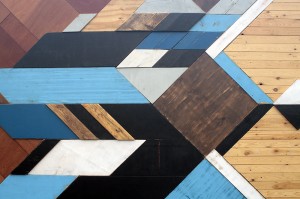Wooden mosaic at the Queen Elizabeth Olympic Park by Mark McClure