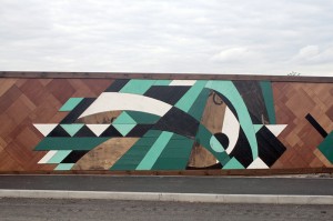Wooden mosaic at the Queen Elizabeth Olympic Park by Mark McClure